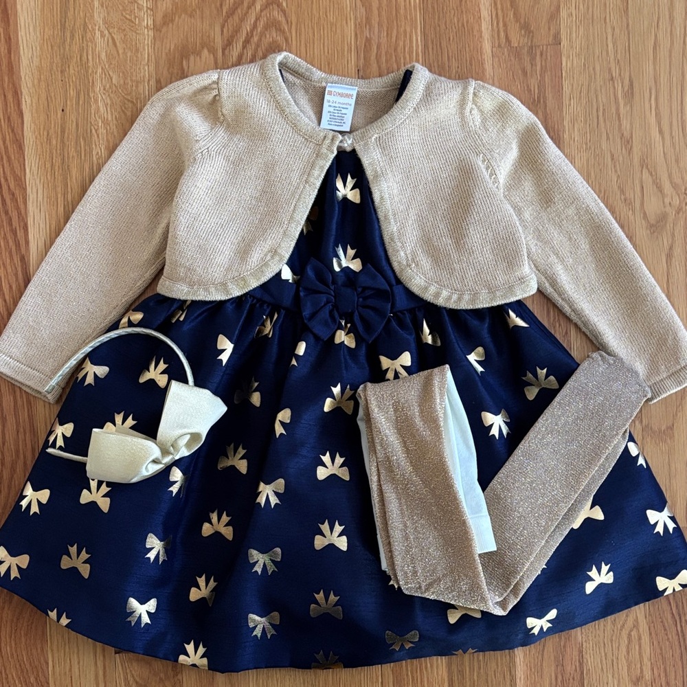 18-24M Gymboree Blue and Gold Bow Party Dress with Accessories